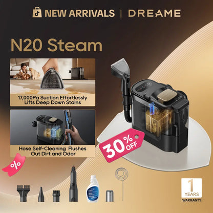 【New Arrival】Dreame N20 Steam Portable Carpet Cleaner with Steam & Hot Water Wash, Upholstery Cleaner Machine with Auto-Mix Solution, 17Kpa Powerful Suction, Spot Cleaner for Carpet, Couch, Furniture, Pets, Cars